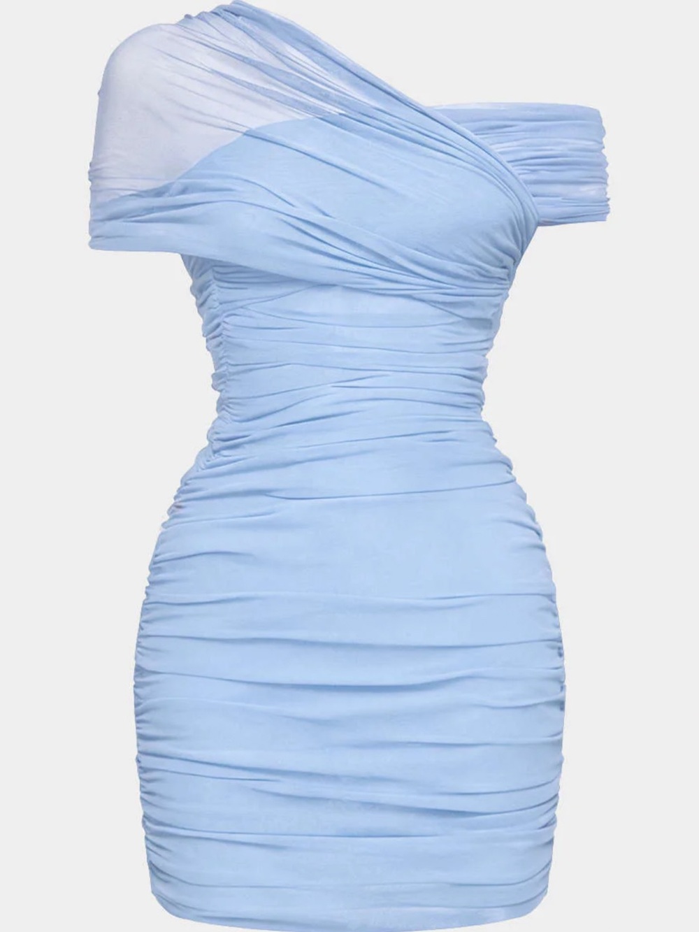 One-Shoulder Light Blue Ruched Bodycon Dress